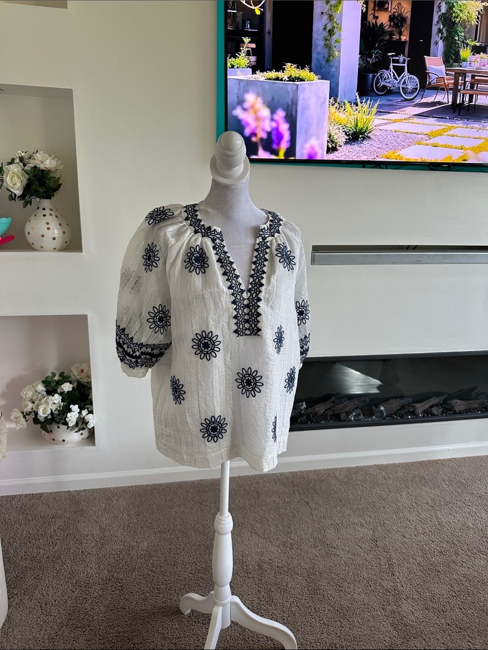 THML White Peasant Blouse with Navy Blue Embroidery